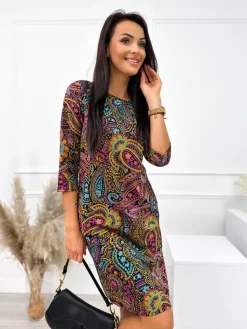 Czarna Sukienka w Kolorowy Wzór  10795-60-Q|Modna Kiecka Online