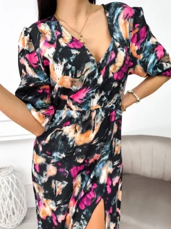 Czarna Sukienka w Kolorowy Wzór 11341-326 11341-326-Q|Modna Kiecka Online