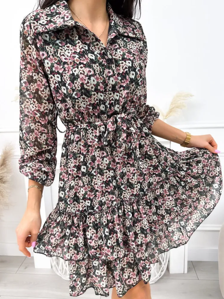 Czarna Sukienka w Kwiatki 11892-119-A|Modna Kiecka Fashion