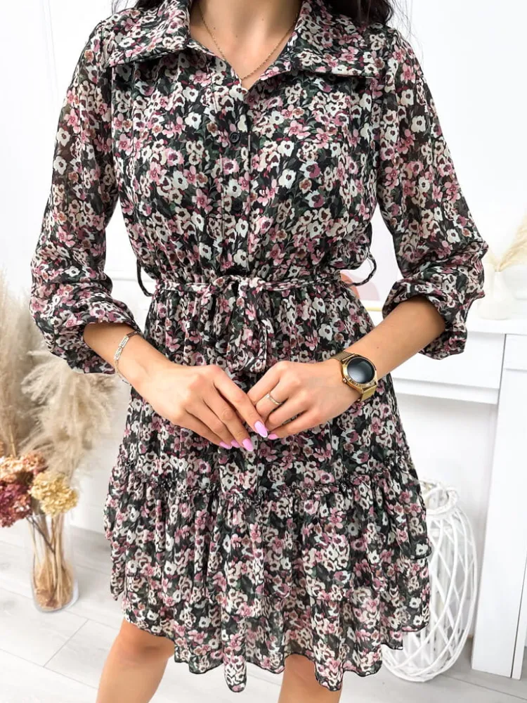 Czarna Sukienka w Kwiatki 11892-119-A|Modna Kiecka Fashion