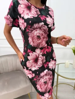 Czarna Sukienka w Kwiaty z Kieszeniami 13722-227-Q|Modna Kiecka Sale