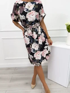 Czarna Sukienka w Kwiaty 12318-294-A|Modna Kiecka Online