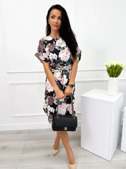 Czarna Sukienka w Kwiaty 12318-294-A|Modna Kiecka Online