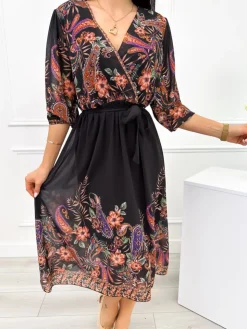 Czarna Sukienka w Kwiaty 12293-350 12293-350-Q|Modna Kiecka Online