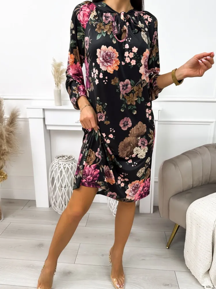 Czarna Sukienka w Kwiaty 11756-203-Q|Modna Kiecka Fashion
