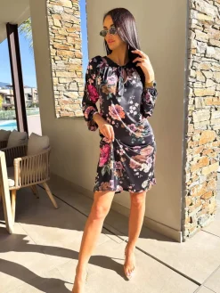Czarna Sukienka w Kwiaty 11756-203-Q|Modna Kiecka Fashion