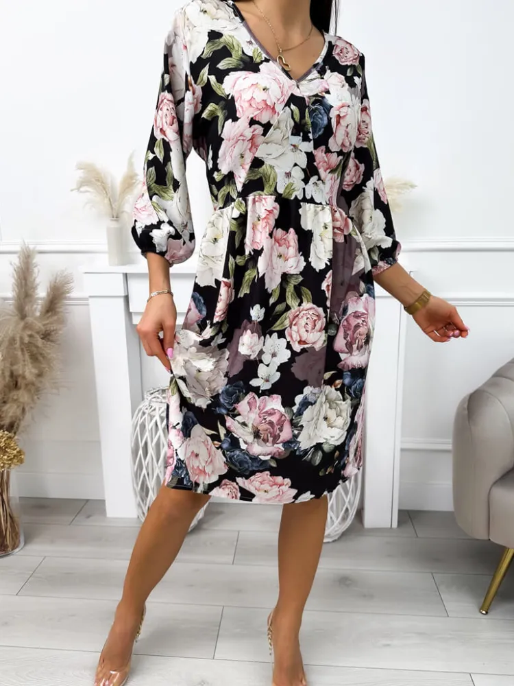 Czarna Sukienka w Kwiaty 11844-130-A|Modna Kiecka New