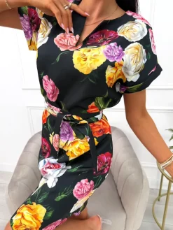 Czarna Sukienka w Kwiaty z Paskiem 14060-515-Q|Modna Kiecka Outlet