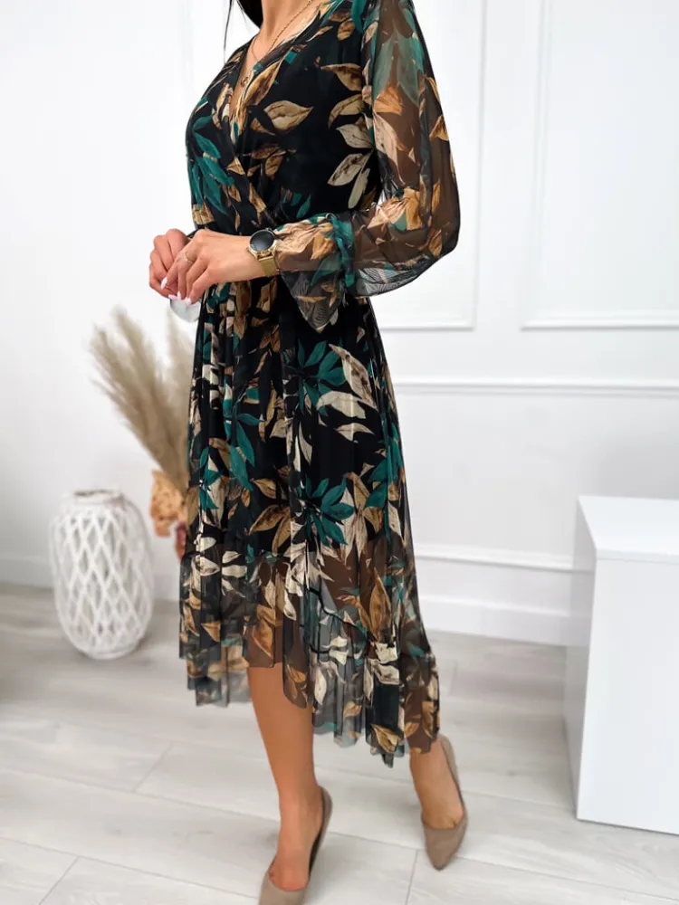 Czarna Sukienka w Liście 10996-172-Q|Modna Kiecka Sale