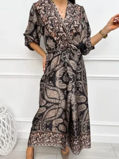 Czarna Sukienka w Orientalny Wzór z Paseczkiem 13310-175-B|Modna Kiecka Online