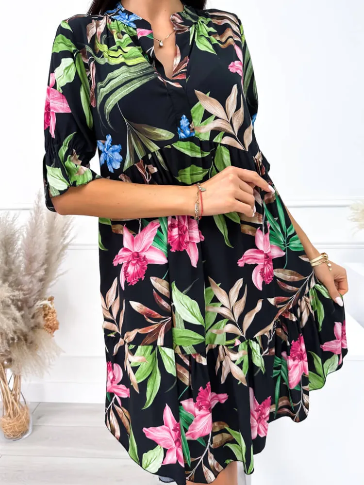 Czarna Sukienka w Różowo-Zielony Wzór 10446-122-A|Modna Kiecka Outlet