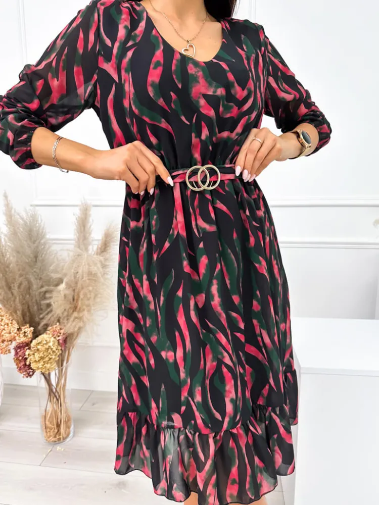 Czarna Sukienka w Różowy Wzór 11002-124-B|Modna Kiecka New