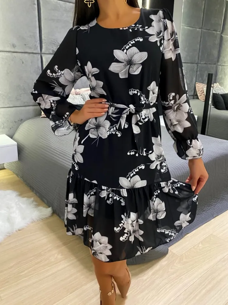 Czarna Sukienka w Szare Kwiaty 11706-187-Q|Modna Kiecka Sale