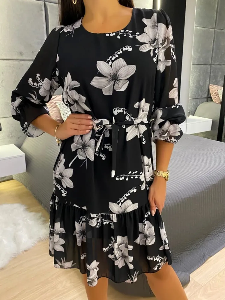 Czarna Sukienka w Szare Kwiaty 11706-187-Q|Modna Kiecka Sale