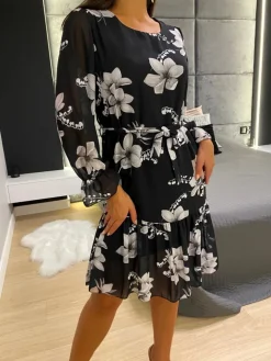 Czarna Sukienka w Szare Kwiaty 11706-187-Q|Modna Kiecka Sale