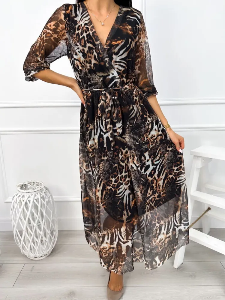 Czarna Sukienka w Zwierzęcy Wzór z Paseczkiem 12933-172-Q|Modna Kiecka Outlet