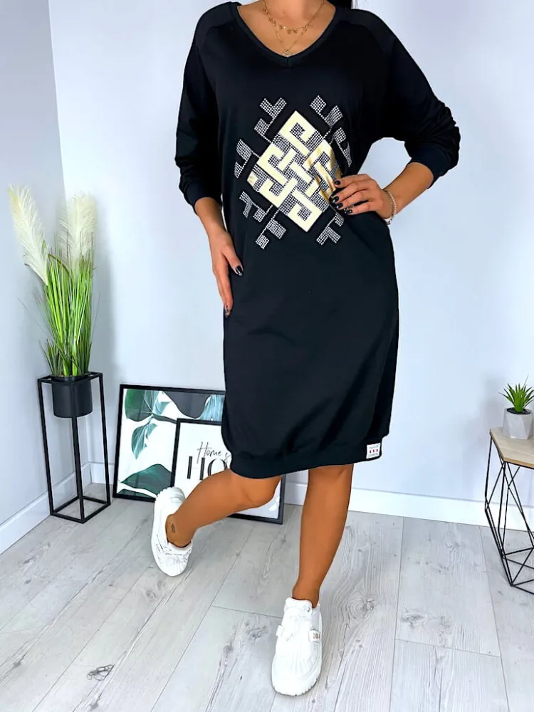Czarna Sukienka z Aplikacją 11850-97-Q|Modna Kiecka Fashion