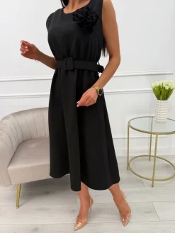 Czarna Sukienka z Broszką i Paskiem 13878-284-B|Modna Kiecka Fashion