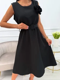 Czarna Sukienka z Broszką i Paskiem 13878-284-B|Modna Kiecka Fashion