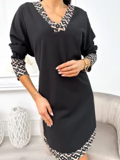 Czarna Sukienka z Brązowymi Wstawkami 11249-20-Q|Modna Kiecka Discount