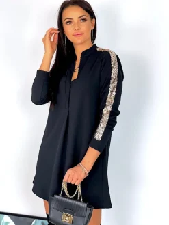 Czarna Sukienka z Cekinowym Lampasem 6832-506-B|Modna Kiecka Outlet