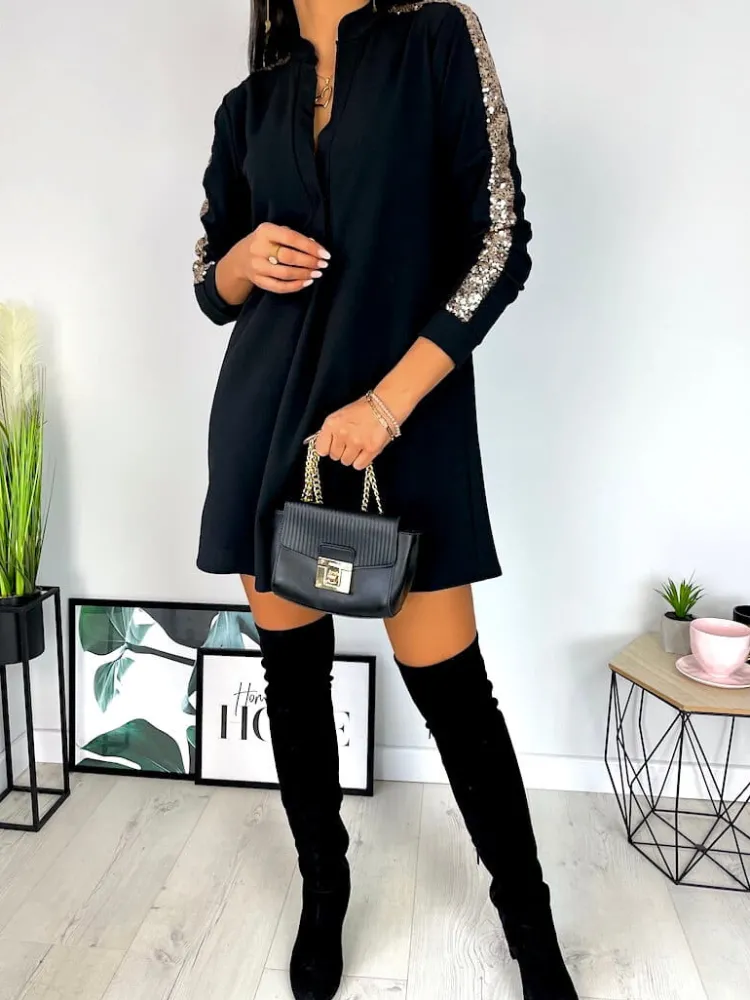 Czarna Sukienka z Cekinowym Lampasem 6832-506-B|Modna Kiecka Outlet
