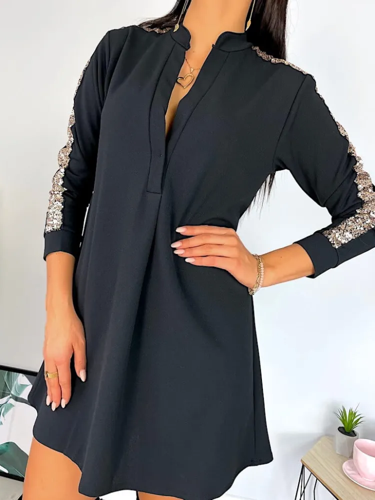 Czarna Sukienka z Cekinowym Lampasem 6832-506-B|Modna Kiecka Outlet