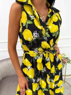 Czarna Sukienka z Cytrynowym Printem 14082-28-A|Modna Kiecka Best