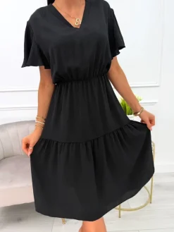 Czarna Sukienka z Dekoltem V 13997-23-B|Modna Kiecka Clearance