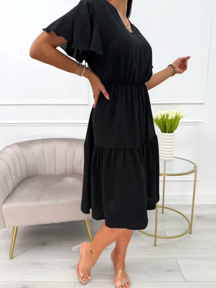 Czarna Sukienka z Dekoltem V 13997-23-B|Modna Kiecka Clearance