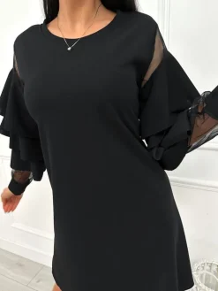 Czarna Sukienka z Falbankami 13405-101-B|Modna Kiecka Fashion