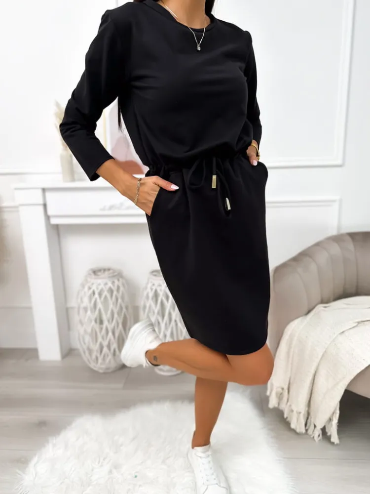 Czarna Sukienka z Kieszeniami 11388-259-B|Modna Kiecka Clearance