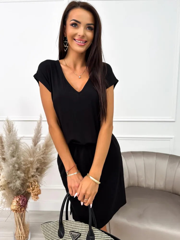 Czarna Sukienka z Kieszeniami 10228-235-E|Modna Kiecka Outlet