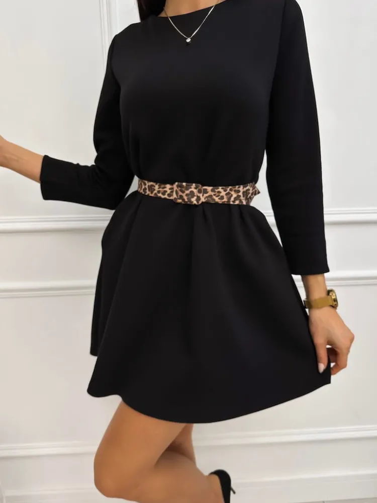 Czarna Sukienka z Kieszeniami i Paskiem 13275-318-C|Modna Kiecka Outlet