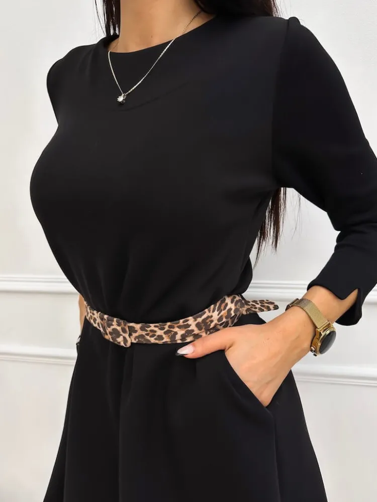 Czarna Sukienka z Kieszeniami i Paskiem 13275-318-C|Modna Kiecka Outlet