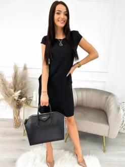 Czarna Sukienka z Kieszeniami 9934-505-A|Modna Kiecka Discount