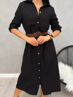 Czarna Sukienka z Kieszonkami i Paskiem 13159-78-B|Modna Kiecka Sale