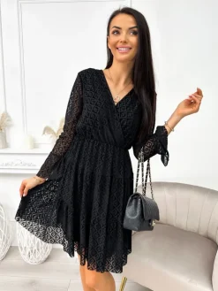 Czarna Sukienka z Kopertowym Dekoltem 11355-97-Q|Modna Kiecka Hot
