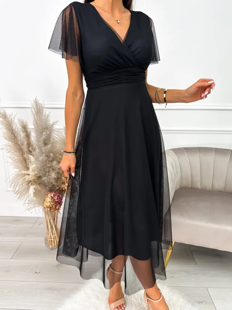 Czarna Sukienka z Kopertowym Dekoltem 10312-195-A|Modna Kiecka Outlet