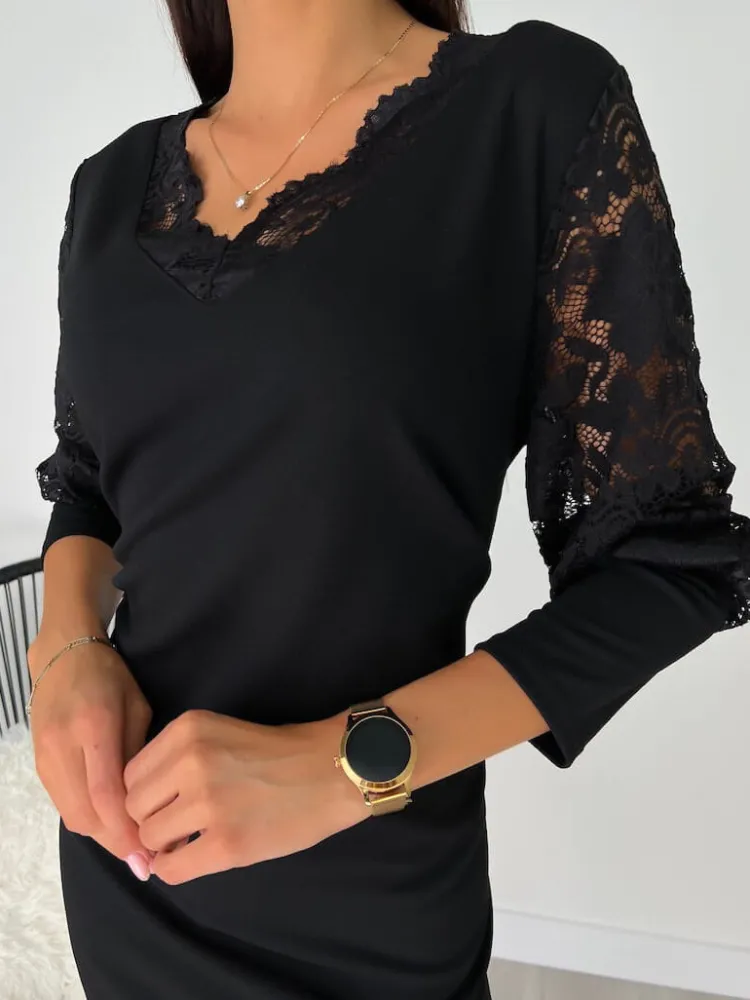 Czarna Sukienka z Koronką 11450-511-A|Modna Kiecka Discount