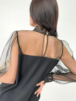 Czarna Sukienka z Koronką 9303-257-Q|Modna Kiecka Clearance