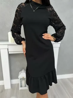 Czarna Sukienka z Koronkowym Rękawem 13429-202-Q|Modna Kiecka Hot