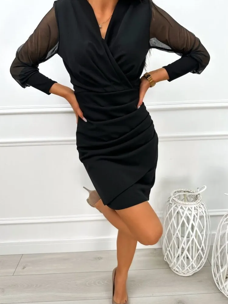 Czarna Sukienka z Marszczeniem 13455-426-C|Modna Kiecka Hot