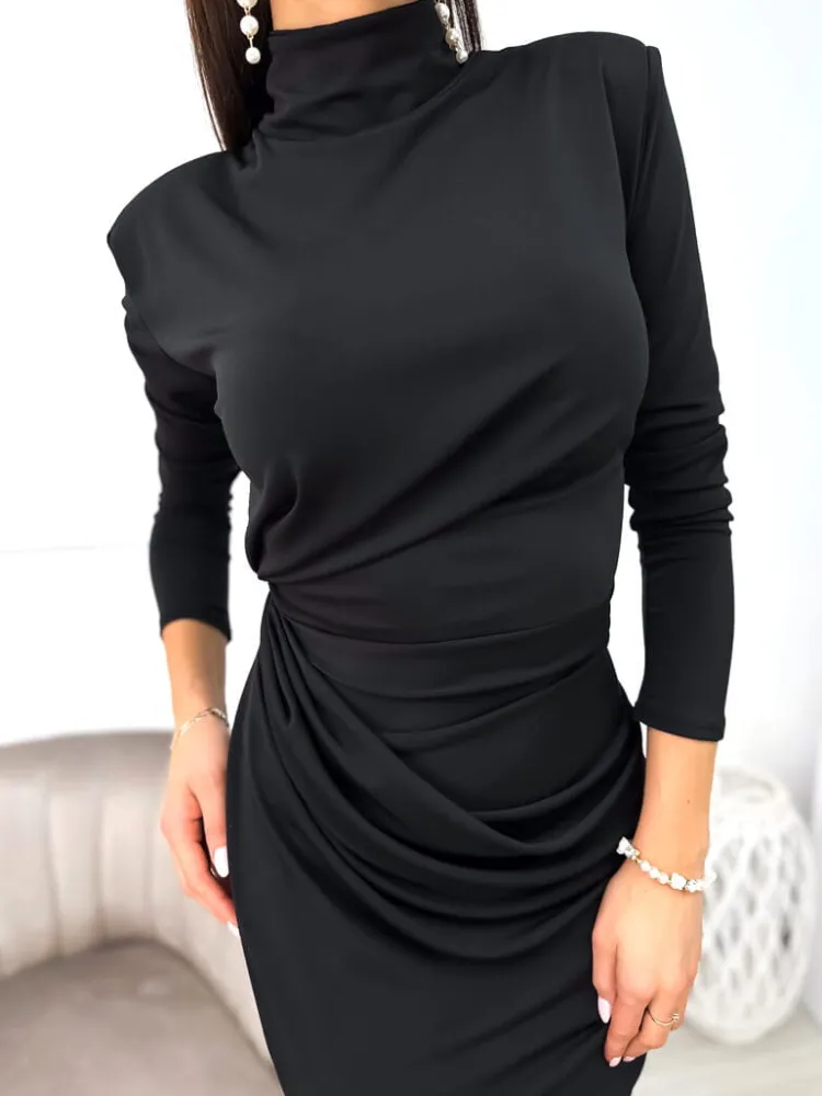 Czarna Sukienka z Marszczeniem 11142-272-Q|Modna Kiecka Outlet