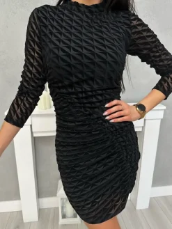 Czarna Sukienka z Marszczeniem i Wzorem 13399-185-Q|Modna Kiecka Sale