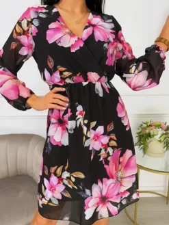 Czarna Sukienka z Motywem Kwiatowym 13540-193-B|Modna Kiecka Discount