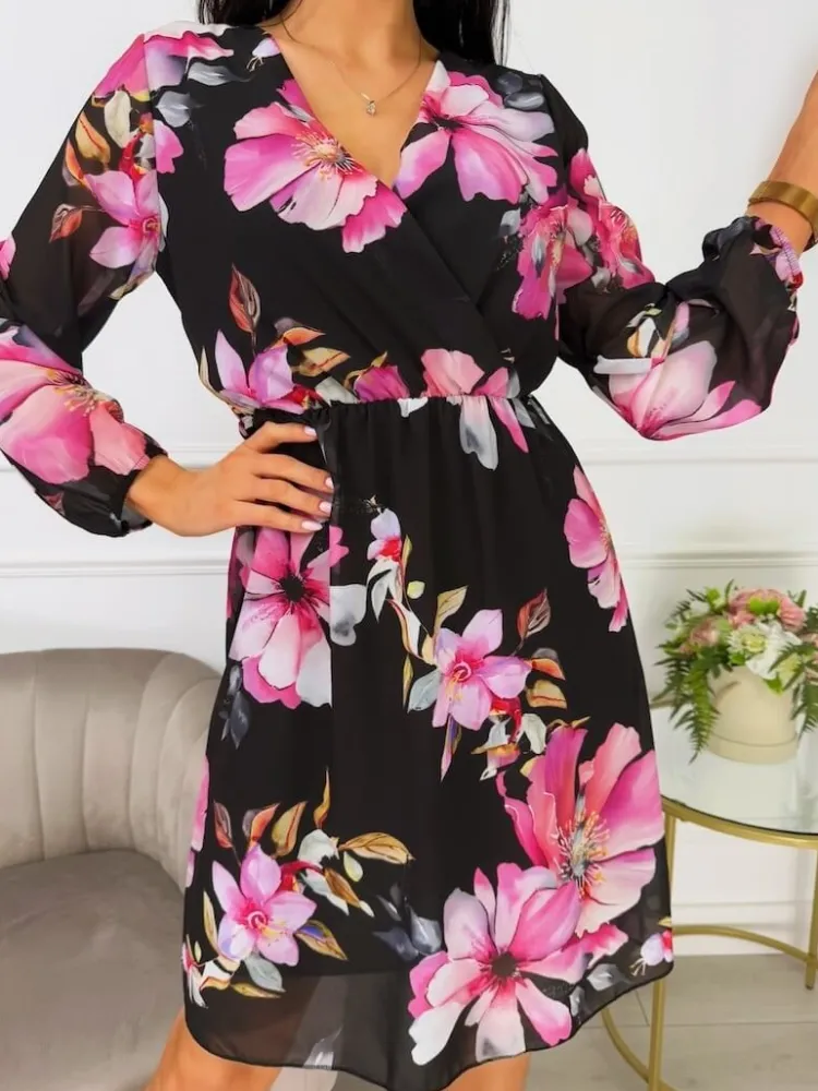 Czarna Sukienka z Motywem Kwiatowym 13540-193-B|Modna Kiecka Discount