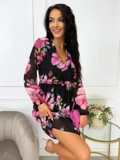 Czarna Sukienka z Motywem Kwiatowym 13540-193-B|Modna Kiecka Discount