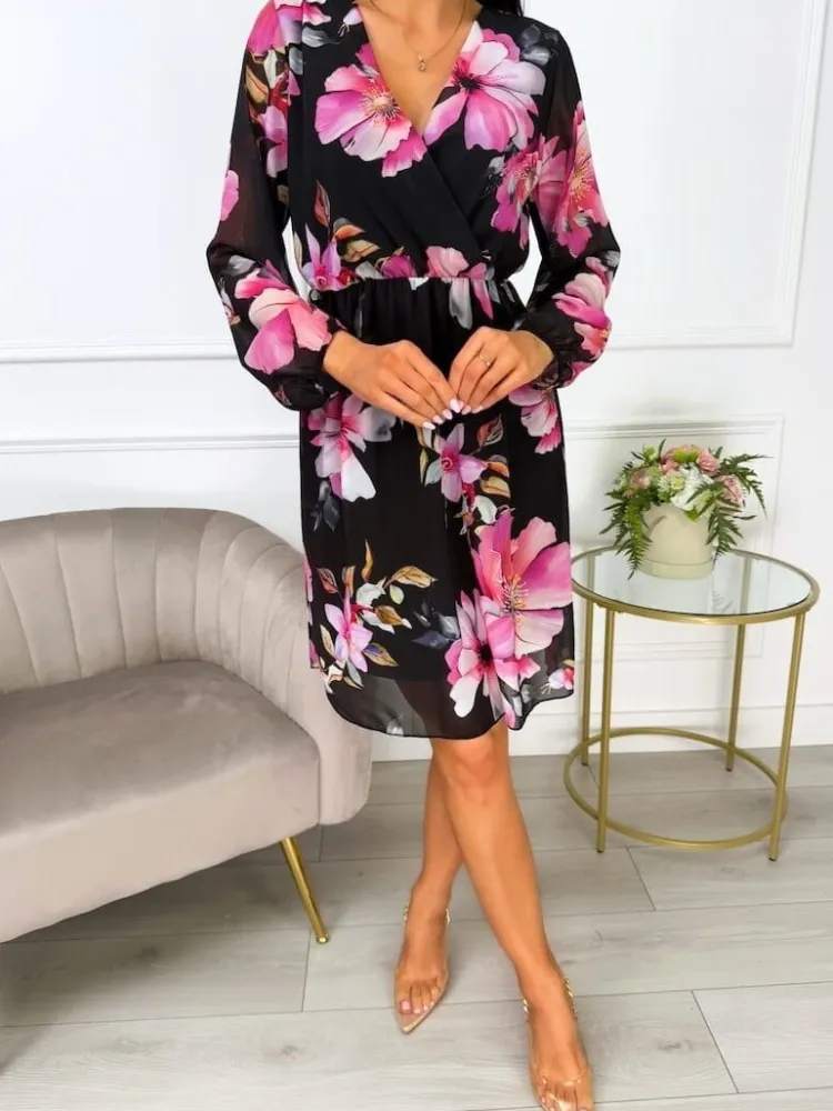 Czarna Sukienka z Motywem Kwiatowym 13540-193-B|Modna Kiecka Discount