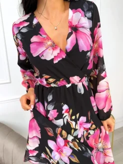 Czarna Sukienka z Motywem Kwiatowym 13540-193-B|Modna Kiecka Discount